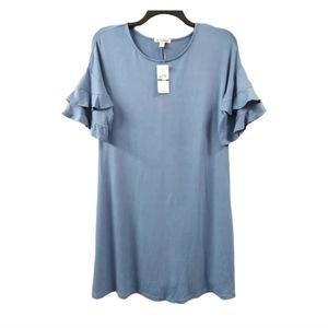 John Paul Richard Womens L Slate Blue 3/4 Sleeve Double Ruffle Sleeve Dress NWT